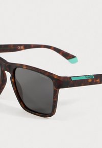 Γυαλιά ηλίου από καπλάνι με σκούρους φακούς και τιρκουάζ λεπτομέρειες στα πράσινα, με το λογότυπο Polaroid στο πλάι και στον φακό.