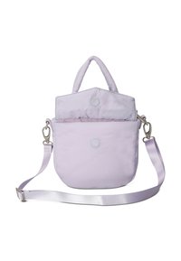 Sac à main rembourré de couleur violet clair avec un rabat, des fermetures éclair doubles et une bandoulière amovible. Texture lisse, forme ronde.