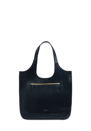 Borsa tote in pelle nera con doppi manici a spalla, tasca frontale con zip dorata e testo del logo dorato discreto nella parte inferiore.