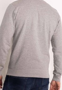 Sudadera gris con cuello redondo, dobladillo acanalado y puños. Tela suave y texturizada. Corte ligeramente holgado, vista trasera que muestra detalles de costura suaves.