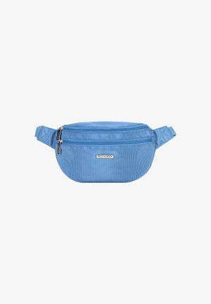 Marsupio in tessuto blu di forma arrotondata, con due tasche con zip, tracolla regolabile e un piccolo logo del marchio sul davanti.