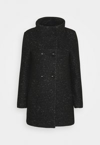 Svart ullrock med texturerad yta, hög krage, dubbelknäppt knappstängning och långa ärmar, designad för värme och komfort.