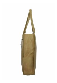 Borsa a tracolla in pelle marrone con una superficie liscia, manici doppi e una tasca laterale con zip, caratterizzata da un design semplice e rettangolare.