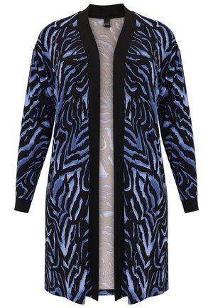 Long cardigan ouvert à l'avant avec imprimé zèbre noir et bleu et bordure noire le long des bords et des poignets.