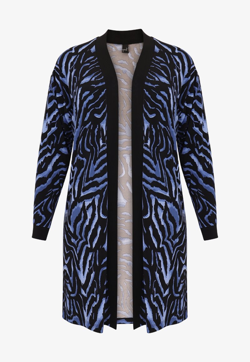 Long cardigan ouvert à l'avant avec imprimé zèbre noir et bleu et bordure noire le long des bords et des poignets.