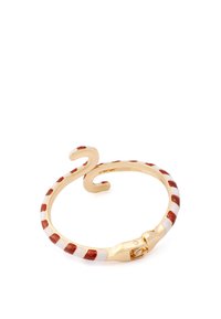 Armbandsklocka i guldfärg med en böjd form och växlande röda glitter- och vita emaljmönster, fästs med ett spänne.