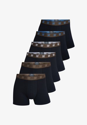 Six pairs of black boxer briefs with brown elastic waistbands, featuring the text "CR7." Fabric appears smooth with a fitted shape.