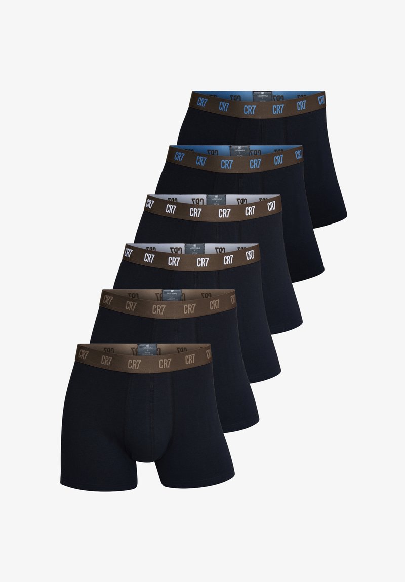 Six pairs of black boxer briefs with brown elastic waistbands, featuring the text "CR7." Fabric appears smooth with a fitted shape.