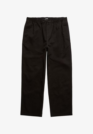 Pantaloni in cotone neri con vita elastica e cordoncino regolabile. Design a gamba larga senza tasche visibili o motivi. Texture liscia.