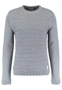 Jasnoszara sweter z dzianiny o teksturowanym, zygzakowatym wzorze z przodu oraz ściągaczach na mankietach i u dołu. Okrągły dekolt, długie rękawy.