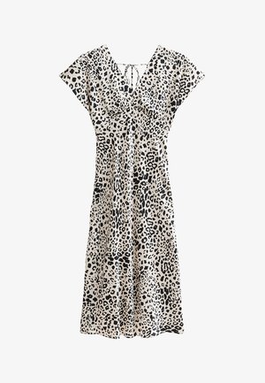 Vestito con stampa leopardata, maniche corte, scollatura a V, tessuto leggero, base neutra con macchie nere, dettaglio con fiocco sul retro, silhouette ampia.