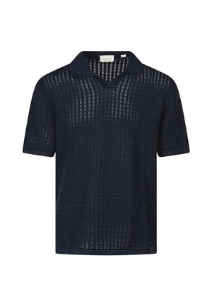 Kurzärmeliges Herren-Poloshirt in Dunkelmarineblau mit strukturiertem, halbtransparentem Karomuster und klassischem Kragen.