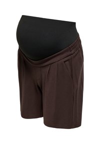 Short de grossesse marron foncé avec une taille haute élastique noire conçue pour soutenir un ventre de femme enceinte.