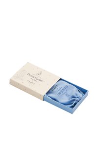 Glijdendoos met meerkleurige stippen en het label "Peter Rabbit", half open, met een blauw trekkoordzakje binnenin met bijpassende Peter Rabbit branding.