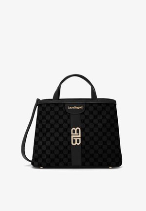 Borsa nera con superficie testurizzata, caratterizzata da un dettaglio monogramma dorato, manici superiori e tracolla rimovibile.
