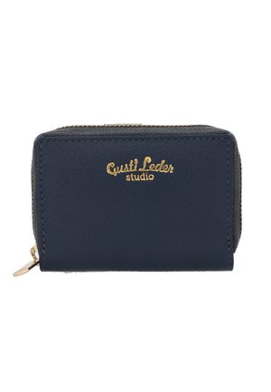 Navy leather wallet with a gold embossed logo, zip closure, rectangular shape, and textured surface. Features a gold zipper pull.