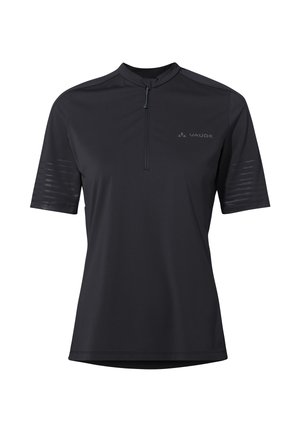 Maglietta sportiva nera a maniche corte con mezzo zip frontale, collo alto, sottili strisce sulle maniche e logo "Vaude" sul petto a sinistra.