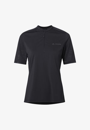 Maglietta sportiva nera a maniche corte con mezzo zip frontale, collo alto, sottili strisce sulle maniche e logo "Vaude" sul petto a sinistra.