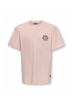 T-shirt rose clair à manches courtes avec « Malibu » et un motif noir de palmier et de soleil sur le haut gauche de la poitrine.