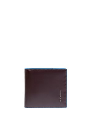 Bruine leren bi-fold portemonnee met blauwe randen en klein zilveren Piquadro-logo aan de voorkant.