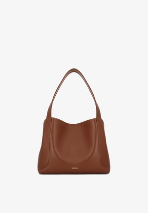 Pruun nahast õlakott, sileda tekstuuri ja ümarate vormidega, ühe rihmaga. Alumises osas on peen logo.