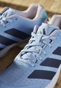 Hellblaue Sportschuhe mit dunkelblauen Streifen und weißen Schnürsenkeln auf einem Holzboden, die Nahaufnahmedetails des Designs und der Textur zeigen.