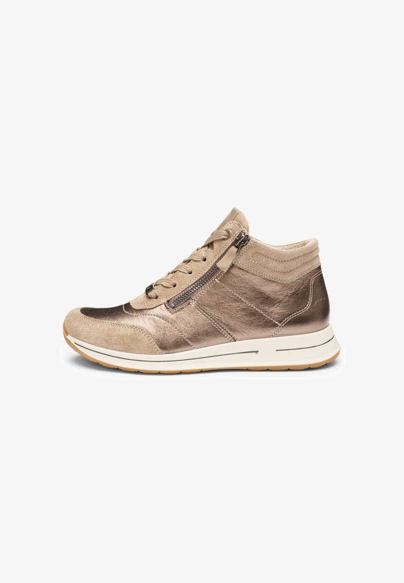 Beige and bronze mid-top sneaker with lace-up front, side zipper, cushioned collar, and white sole with gum outsole.