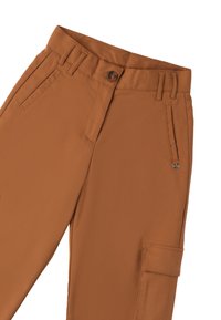 Bruine cargobroek met een gladde textuur, knoopsluiting, riemlussen, zijzakken en een patzak op de bovenbeen.