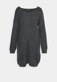 Robe-pull à manches longues gris foncé avec coupe ample, encolure large et motif en tricot texturé. Comprend des poignets et un ourlet inférieur côtelés.