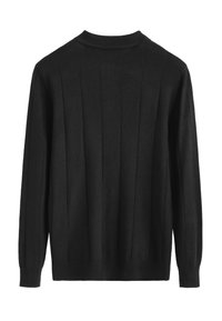 Pull noir en maille avec col rond, présentant un détail côtelé vertical, des poignets ajustés et une finition texturée. Vue de dos présentée.