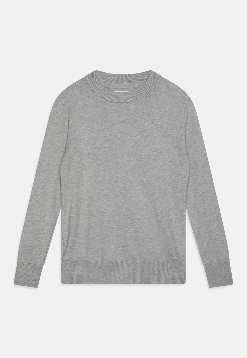Pull gris clair à manches longues avec col rond, poignets et ourlet côtelés, arborant un logo "VINGINO" subtil sur le côté gauche de la poitrine.
