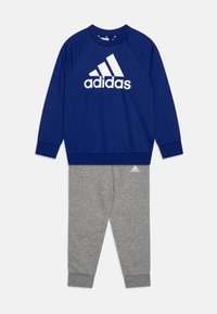 Sudadera azul con el logo blanco de Adidas, combinada con pantalones de chándal grises que presentan un logo sutil. Ambos de tela suave y cómoda.
