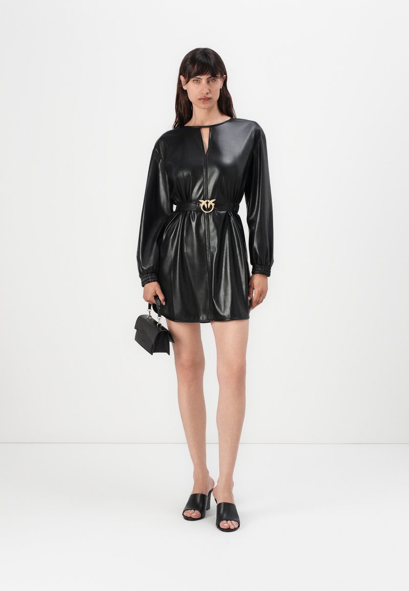 knee length dresses for ladies PINKO, Short Leather-Effect Dress, Limo Black, 40