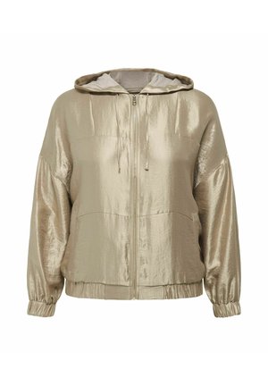 Veste bomber métallique dorée avec capuche, fermeture éclair à l'avant, poignets élastiques et deux poches latérales. Présente une surface lisse et brillante.