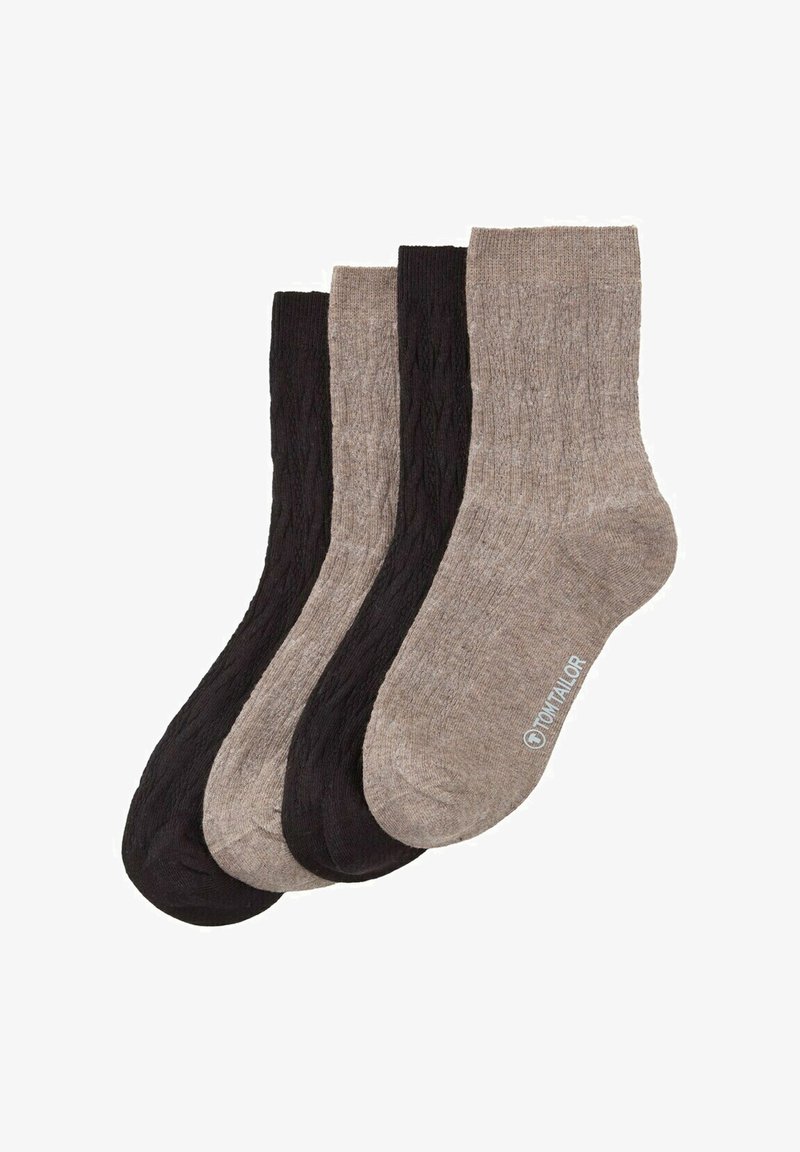 Quatre paires de chaussettes, présentant une texture côtelée, dans des tons marron clair et noir, avec un logo sur le revers d'une paire.