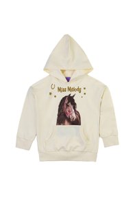 Hoodie giallo chiaro con tasca frontale, caratterizzato da una grafica di un cavallo marrone con una briglia rosa e il testo dorato "Miss Melody" e stelle.