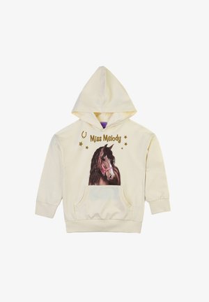 Helles gelbes Hoodie mit einer Fronttasche, das eine Grafik eines braunen Pferdes mit einer pinken Trense und goldener Schrift "Miss Melody" sowie Sternen zeigt.