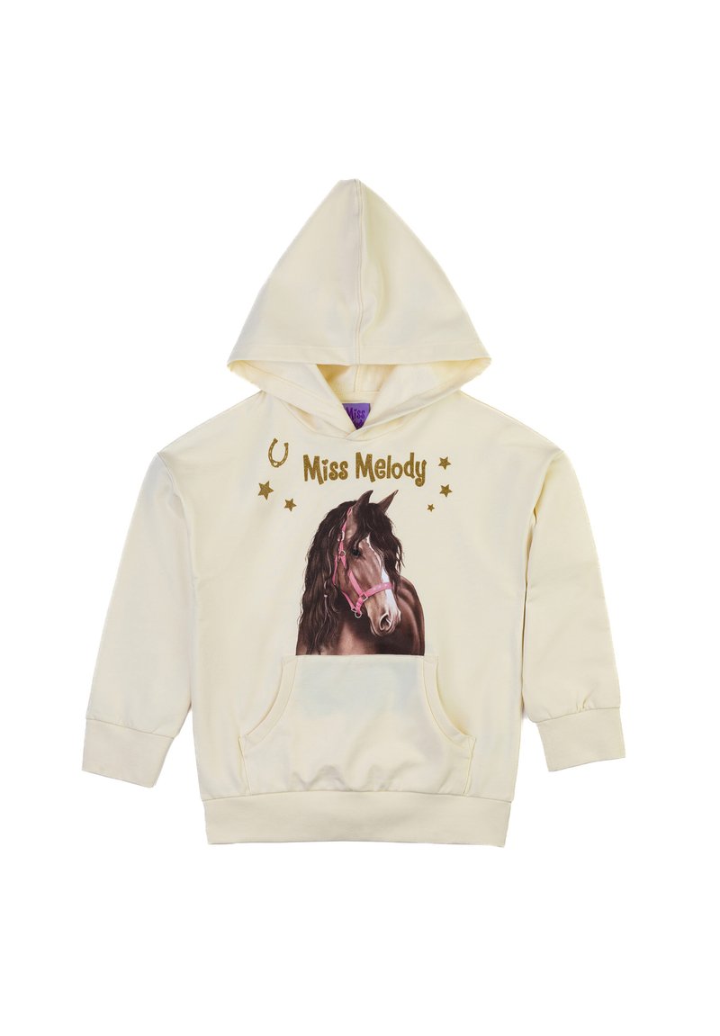 Hoodie giallo chiaro con tasca frontale, caratterizzato da una grafica di un cavallo marrone con una briglia rosa e il testo dorato "Miss Melody" e stelle.