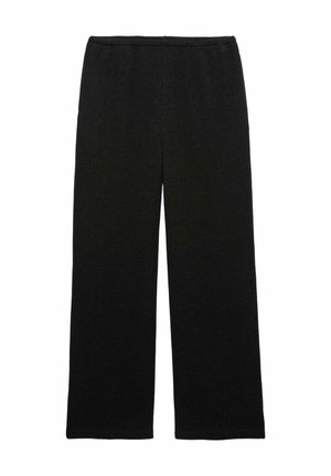 Pantalon noir à jambes larges avec taille élastique, fabriqué en tissu texturé doux, présenté à plat sans marque ni ornement visible.