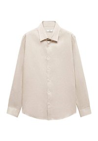 Lys beige langærmet skjorte med knapper lavet af linned. Den har en klassisk krave, lige snit og afrundet kant.