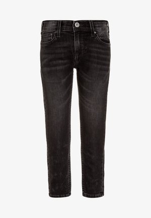 Vaqueros negros de mezclilla con corte recto, diseño de cinco bolsillos y cierre de botón metálico. Presentan un sutil desgaste para textura y un estilo clásico.