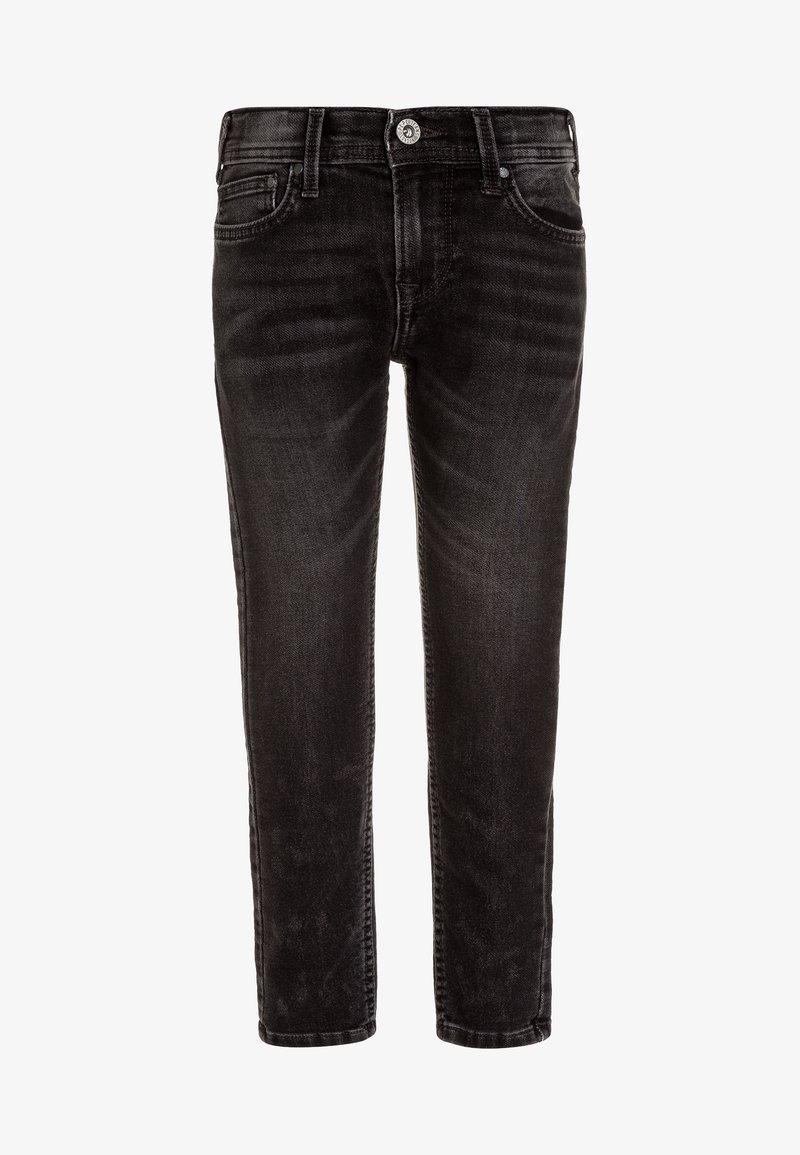 Černé džínové kalhoty s rovným střihem, pětikapsovým designem a zapínáním na kovový knoflík. Vyznačují se jemným vyblednutím pro texturu a klasický styl.