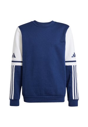 Marineblaue und weiße Sweatshirt mit langen Ärmeln und Rundhalsausschnitt, Adidas-Logo auf den weißen oberen Ärmeln und drei weißen Streifen auf den unteren Ärmeln.