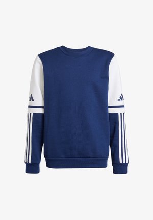 Granatowo-biała bluza z długim rękawem i okrągłym dekoltem, logo Adidas na białych górnych rękawach oraz trzy białe paski na dolnych rękawach.