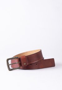 Brown leather belt with a matte finish, featuring contrasting stitching, a silver metal buckle, and a series of holes for adjustment.