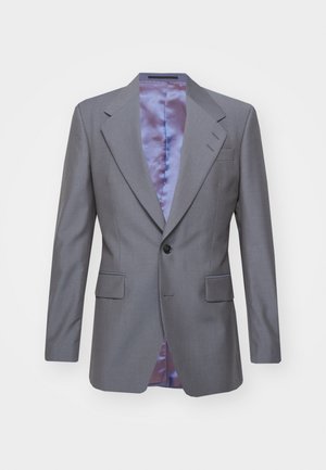 Harmaa puku takki, jossa on jämäkkä muotoilu, viiltojakkoreunat, läppätaskut, yksittäinen nappi ja erottuva purppura satiinivuori.