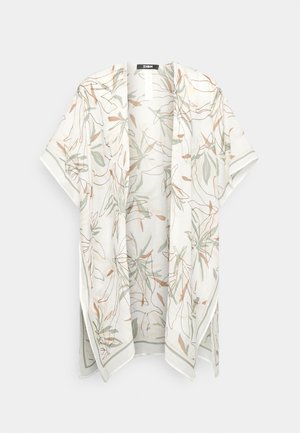 Białe kimono z krótkim rękawem i otwartym przodem, o luźnym kroju, zdobione delikatnym wzorem zielonych i brązowych liści.