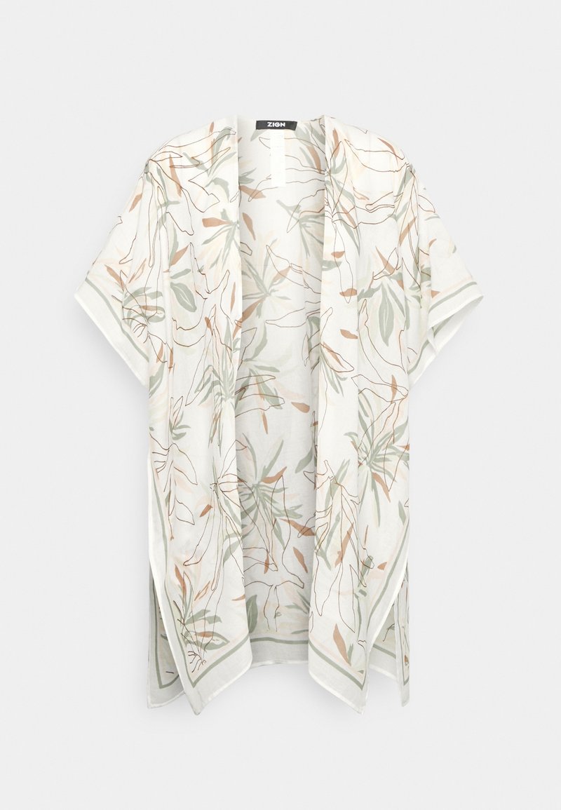 Kimono blanc à manches courtes, devant ouvert, coupe ample, avec un motif délicat de feuilles vertes et brunes.