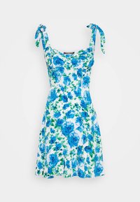 Kwiecista sukienka z niebieskimi i zielonymi wzorami kwiatów na białym tle. Posiada regulowane wiązane ramiączka oraz dopasowany gorset z rozkloszowaną spódnicą.