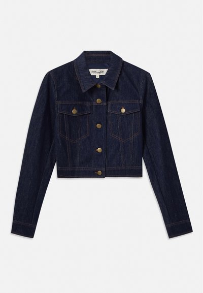 Dark denim cropped jacket with long sleeves, gold buttons, two chest pockets, and contrast stitching. Classic collar and structured design.